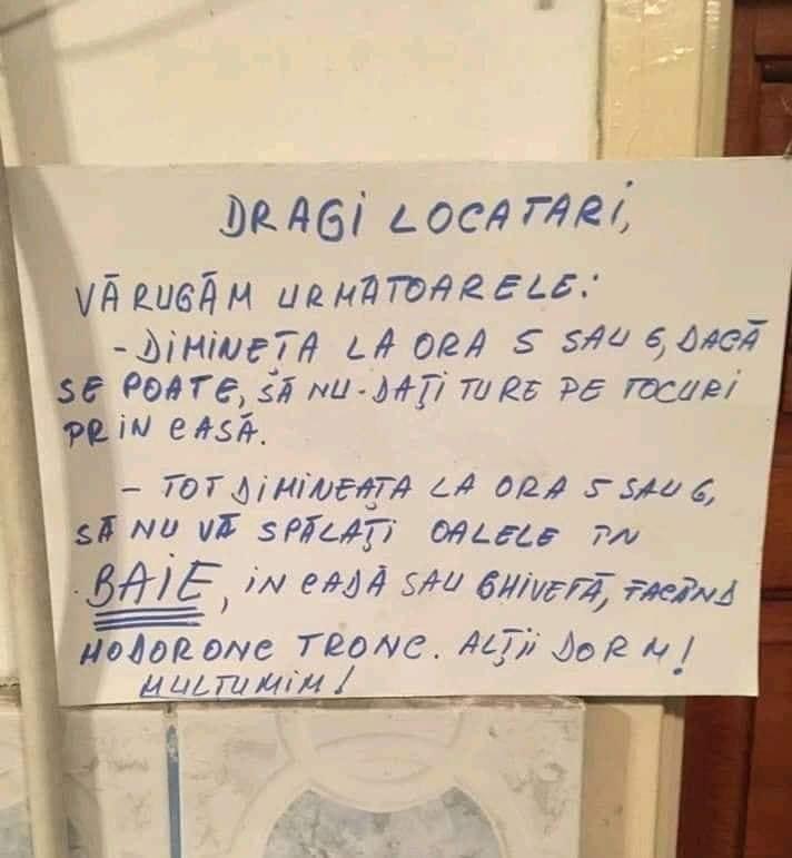 Vecinii au râs cu lacrimi! Mesajul pus la avizier, de un locatar supărat: „Faceți hodoronc tronc”
