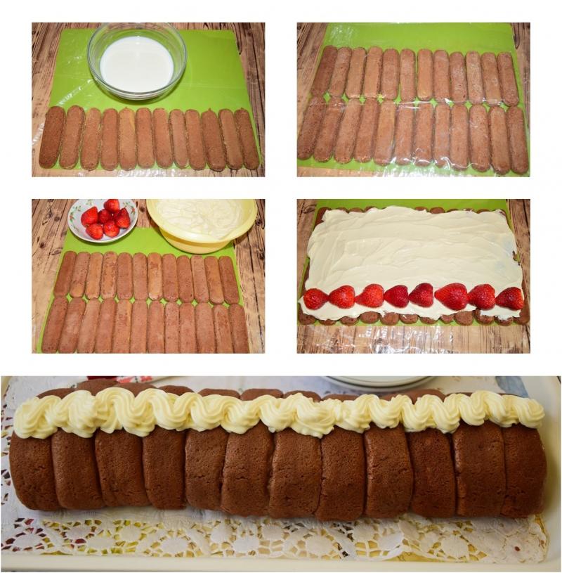 Ruladă din pișcoturi cu cremă de mascarpone și căpșuni. Desert simplu și rapid pentru a sărbători iubirea.