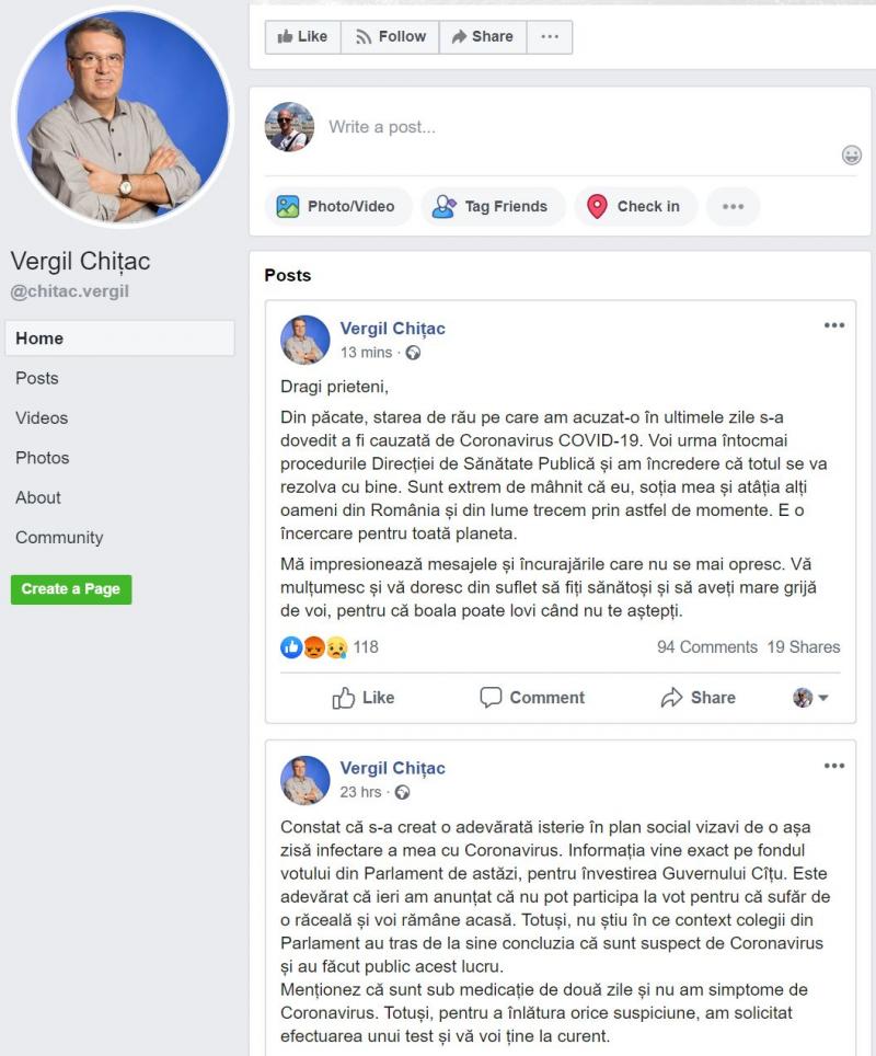 Senatorul Vergil Chițac, prima reacție după ce a fost depistat pozitiv cu coronavirus