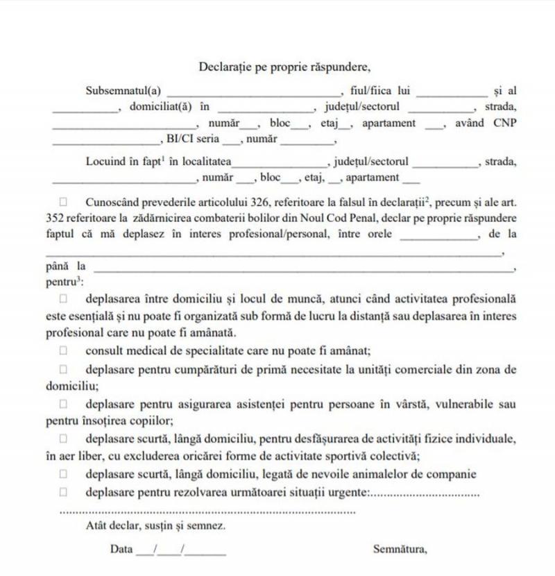 Cum arată declarația pe propria răspundere obligatorie, cu care poți părăsi locuința în intervalul 22:00 - 06:00! FOTO