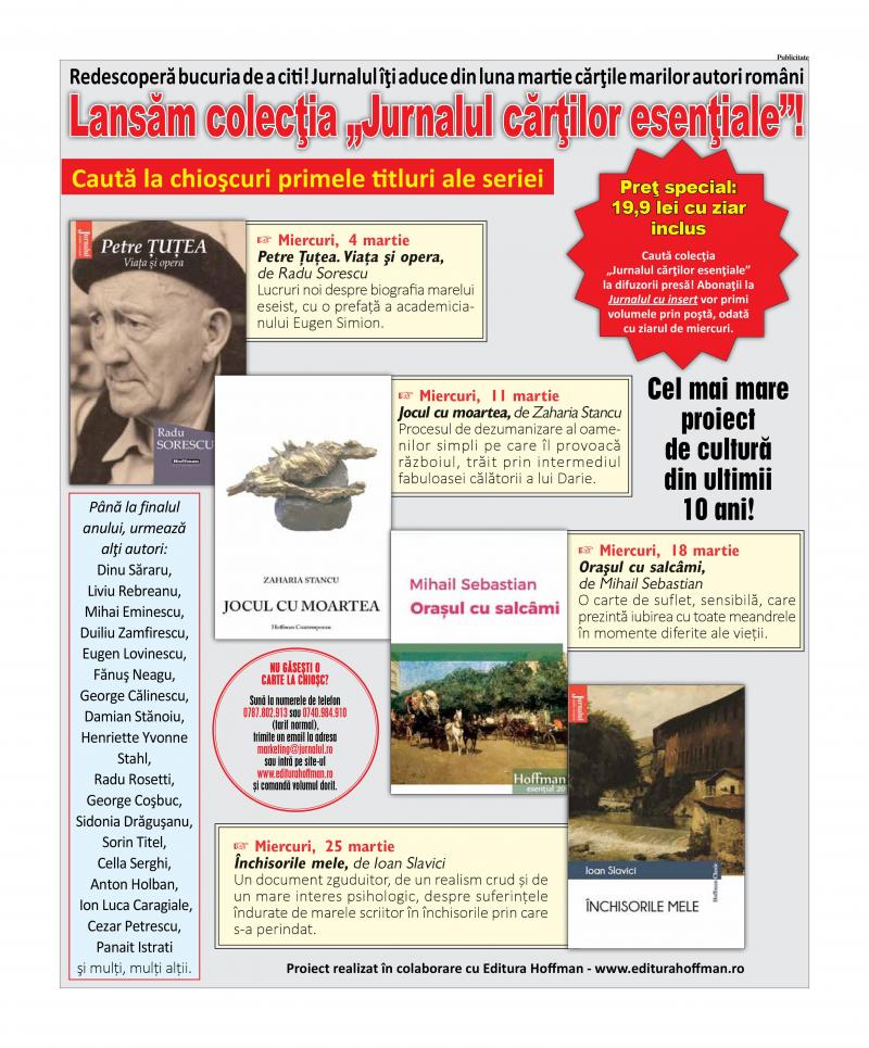 Redescoperă bucuria de a citi operele marilor autori români! Colecţia „Jurnalul cărţilor esenţiale”, de mâine, exclusiv cu Jurnalul!
