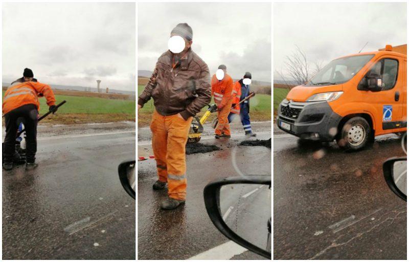 Petice de asfalt, puse pe ploaie, pe DN1:”Săptămâna trecută făceau același lucru, în același loc”