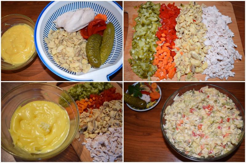 Salată de ciuperci cu piept de pui și castraveți murați. Rețetă de aperitiv pentru mesele festive