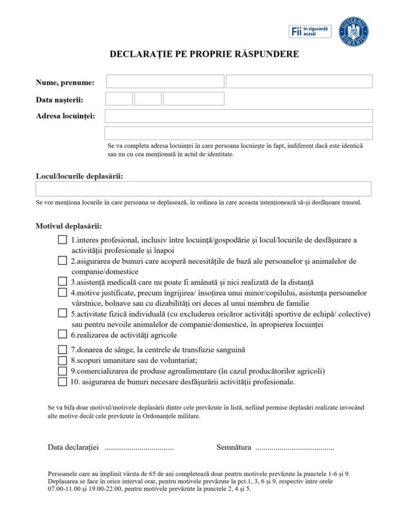Declarația pe propria raspunderea a fost actualizată! Intervalele orare de circulație ale vârstnicilor sunt menționate