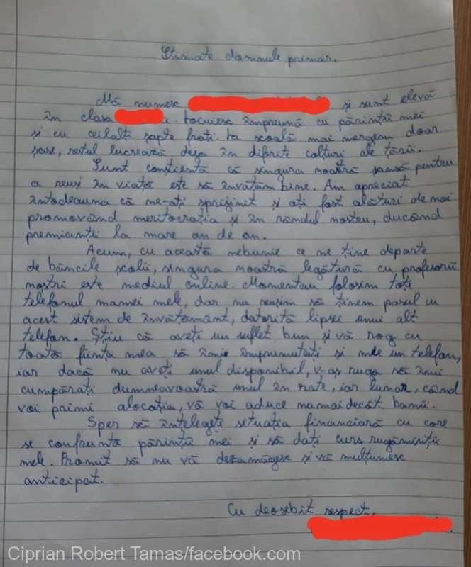 Ea este eleva din Vaslui care a trimis o scrisoare emoţionantă primarului din localitate. Fata mai are alți șapte frați