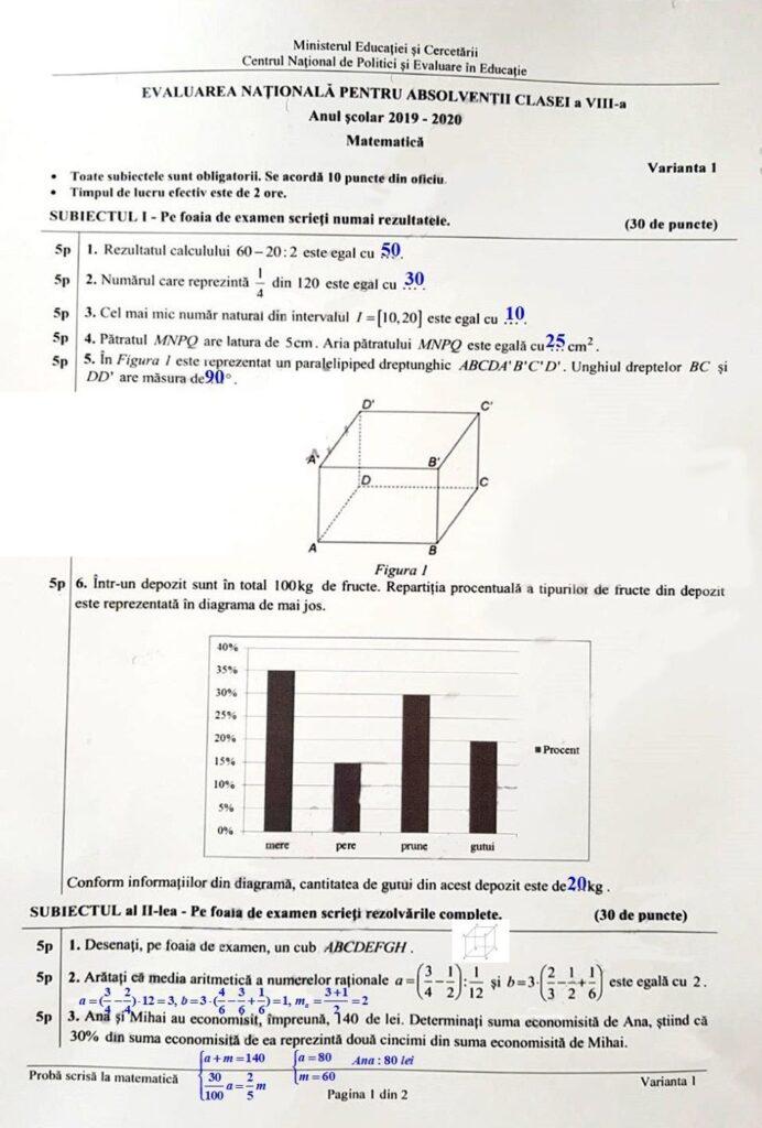 Baremul pentru Evaluare Națională 2020, la Matematică, a fost publicat! Cum se rezolvă subiectele, pentru 10 curat! Răspunsurile corecte!