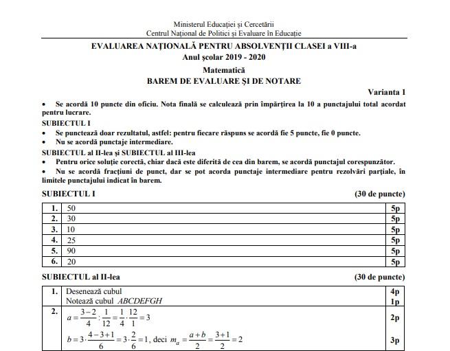 Baremul pentru Evaluare Națională 2020, la Matematică, a fost publicat! Cum se rezolvă subiectele, pentru 10 curat! Răspunsurile corecte!
