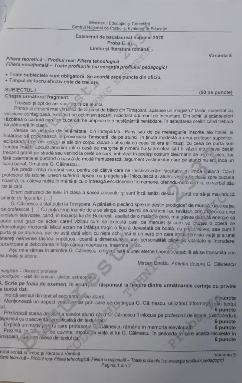 Subiecte Bacalaureat 2020 Limba Română. Ce a picat pentru elevii de la profilul Real! Comedie, la subiectul al III-lea!