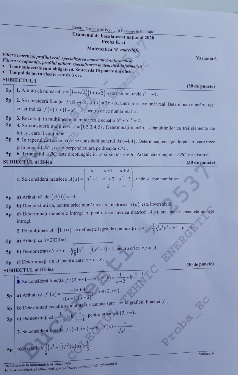 Subiecte Bacalaureat 2020. Ce le-a picat elevilor la Matematică, la Mate-Info