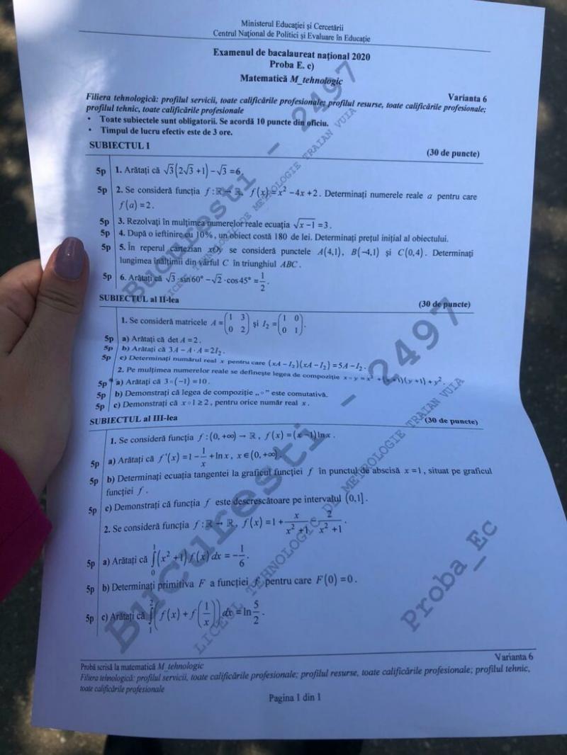 Subiecte Bacalaureat 2020. Ce le-a picat elevilor la Matematică, la Tehnologic