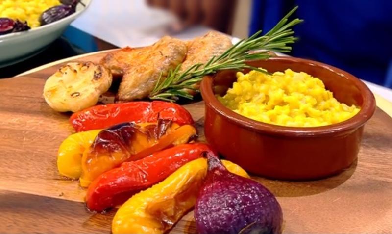 Aripioare cu legume coapte și garnitură de orz cu șofran