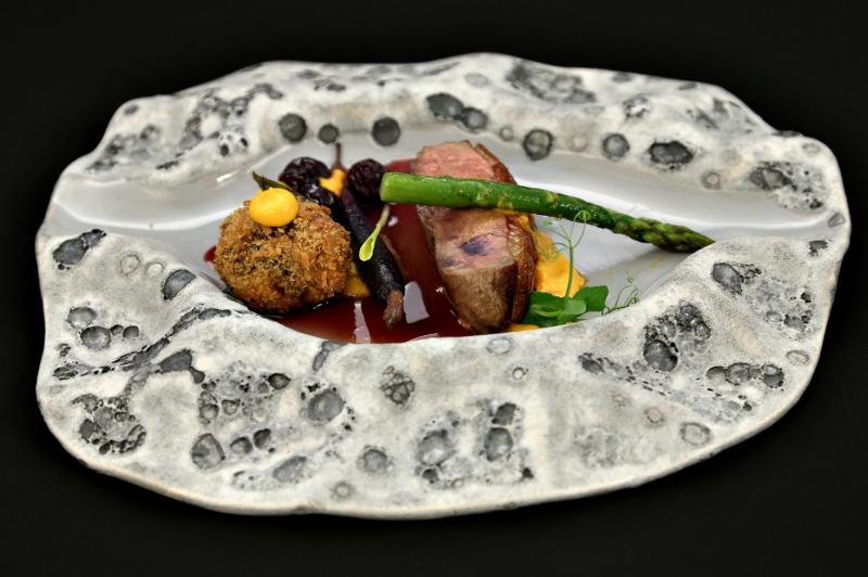 Piept de rață cu sos de vin roșu cu vișine și piure de morcovi