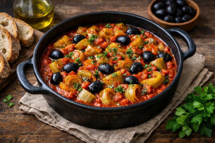 Tocăniță de praz cu măsline. Rețetă de post în stil mediteraneean