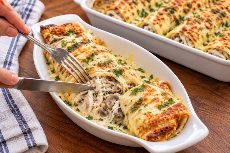 Clătite cu pui și ciuperci în sos béchamel, pentru deliciul unei mese de prânz