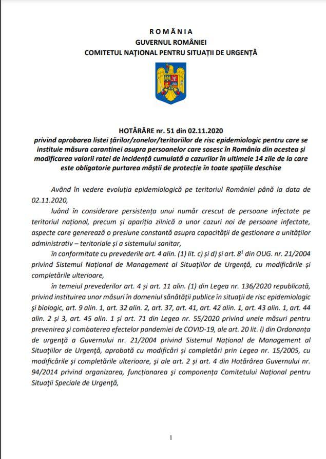 Hotărârea nr.51 a Comitetului Național pentru Situații de Urgenţă 1/2