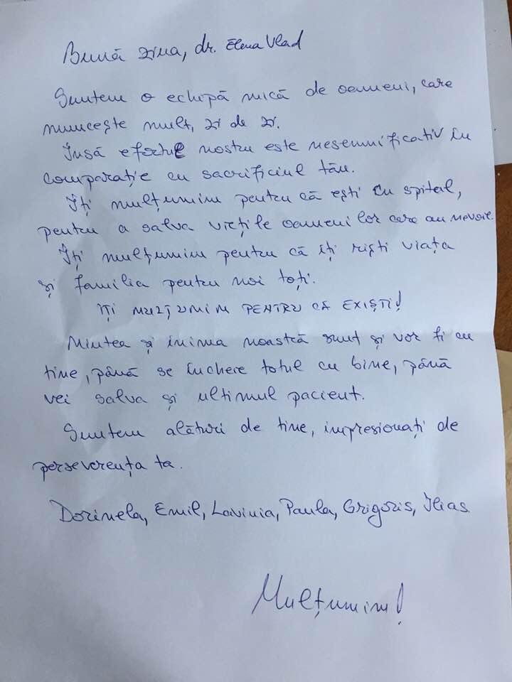 Scrisoarea primită de medicul Elena Vlad