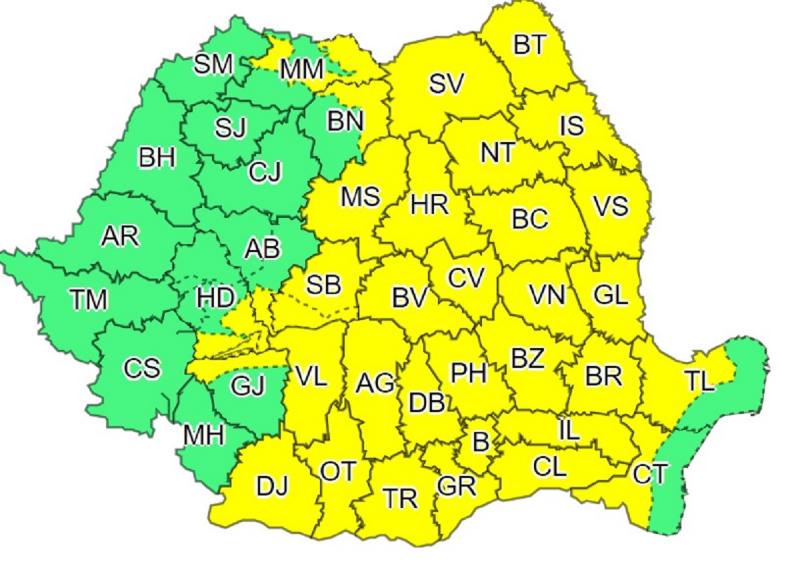 Harta judeţelor afectate de codul galben
