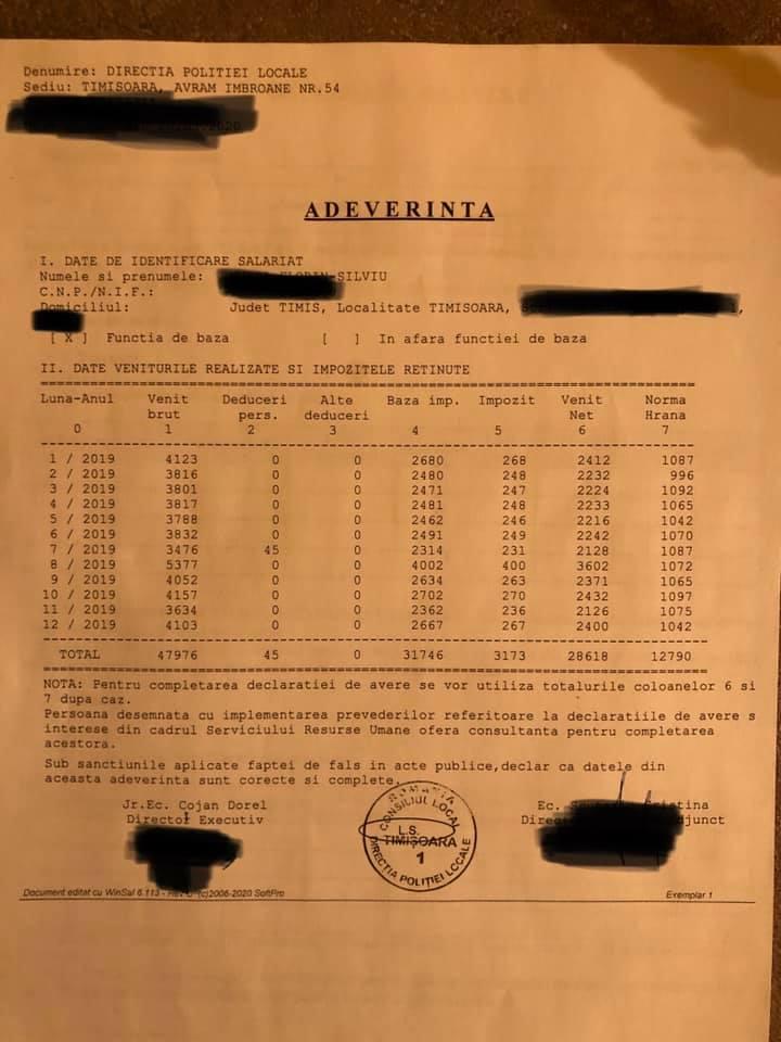 Adeverinta de salariu a unui polițist local din Timișoara