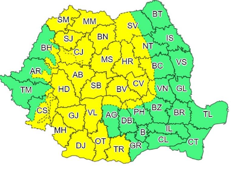Harta județelor afectate de codul galben