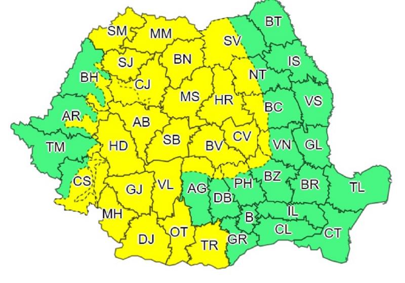 Harta judeţelor afectate de codul galben