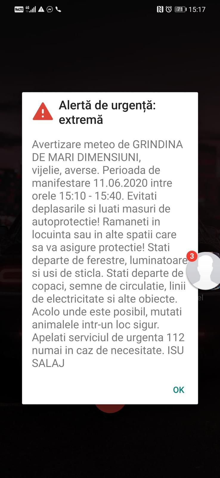Mesajul RO-ALERT trimis oamenilor din zona afectată de codul ROSU de vreme severă