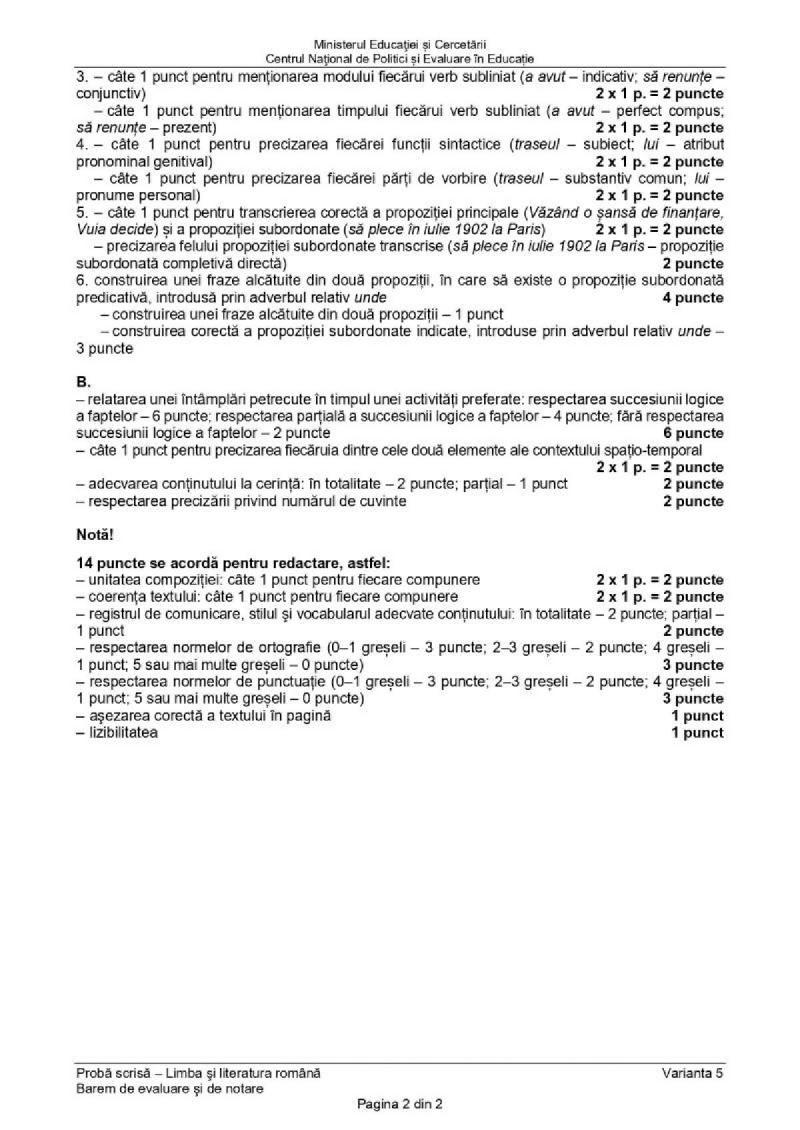 Barem subiecte Limba romana 2