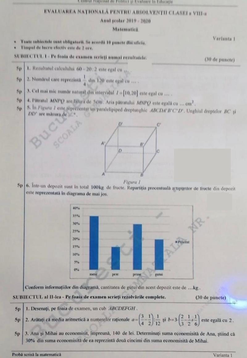 Subiectele la Matematica de la Evaluarea Națională 2020