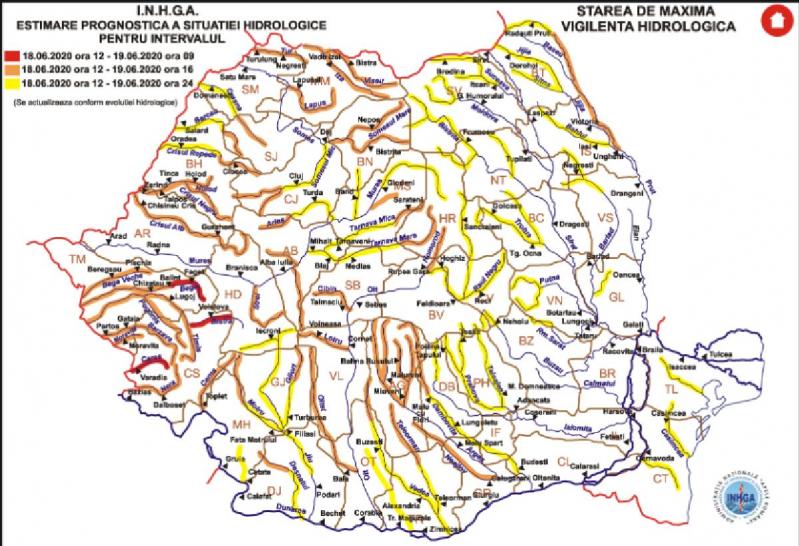 Harta cu zonele care riscă să fie afectate de viituri