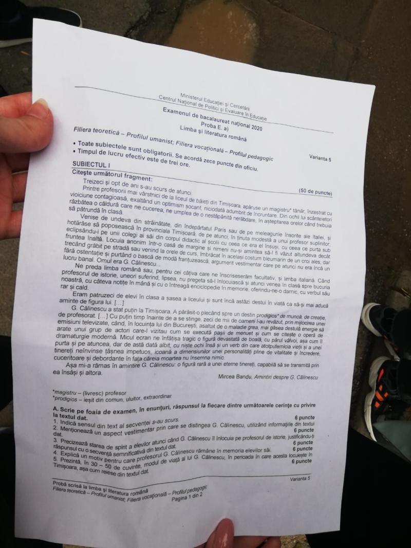 Subiecte Limba româna la Bacalaureat 2020 - profil uman