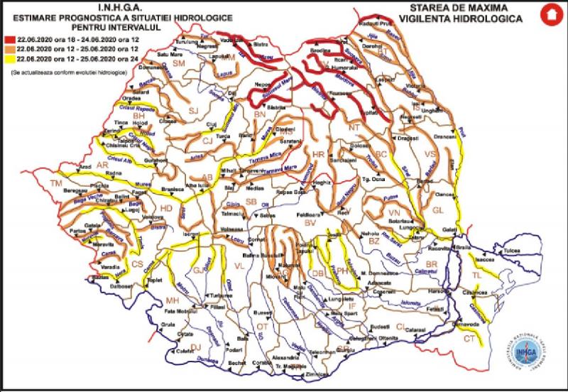 Harta cu zonele care riscă să fie afectate de viituri