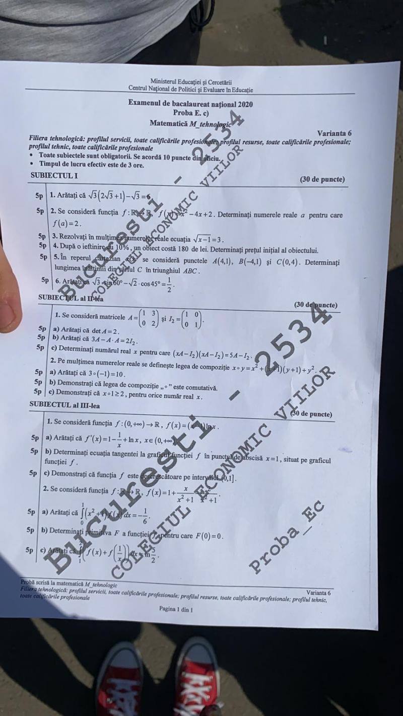 Subiecte Matematica la Bacalaureat 2020 - profil tehnologic