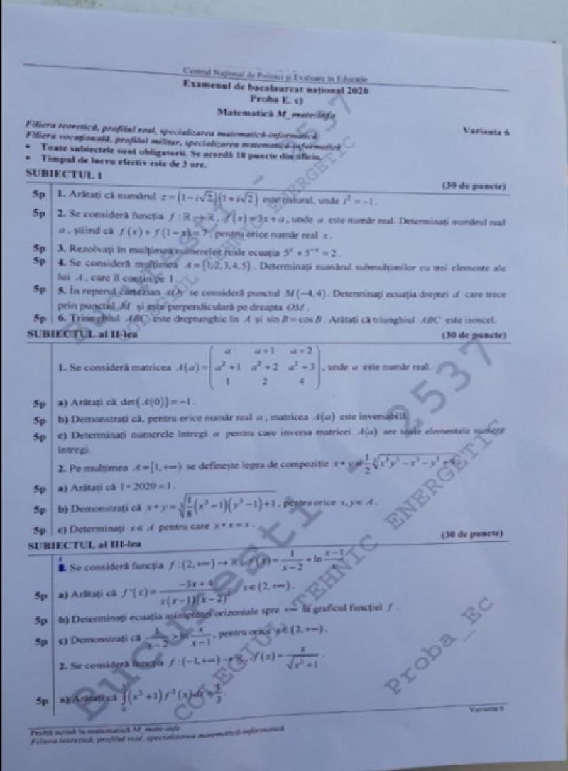 Subiecte Matematica la Bacalaureat 2020 - profil informatica