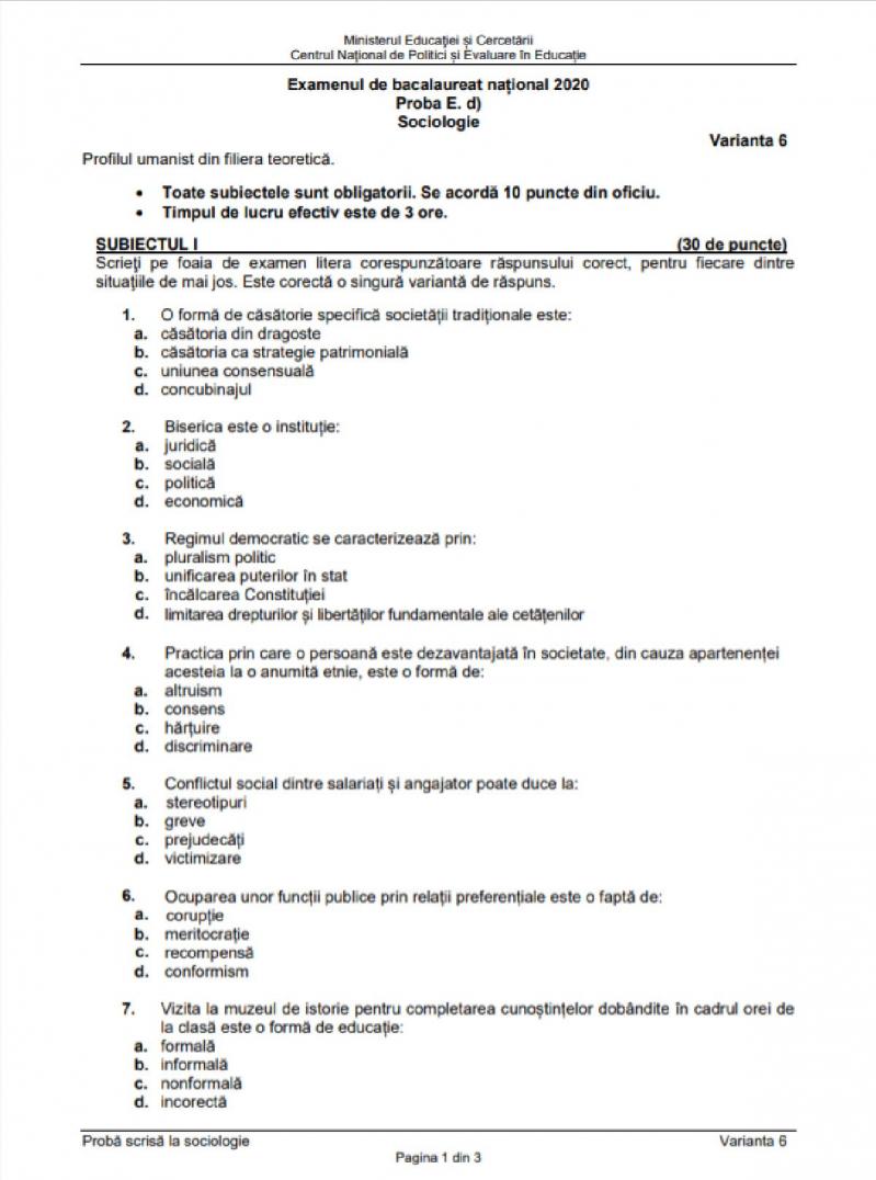 Subiecte Sociologie Bacalaureat 2020 1