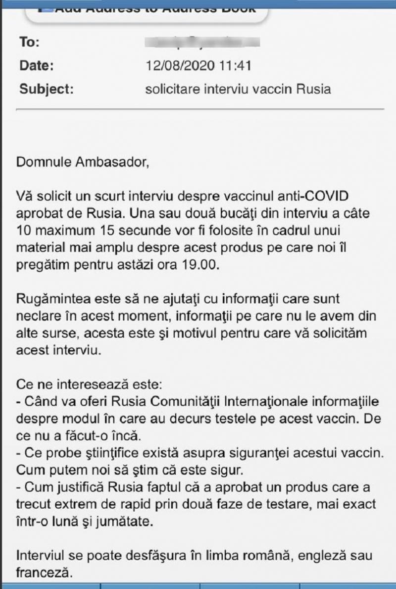 Mail cu cererea de interviu către Ambasada Rusiei în România