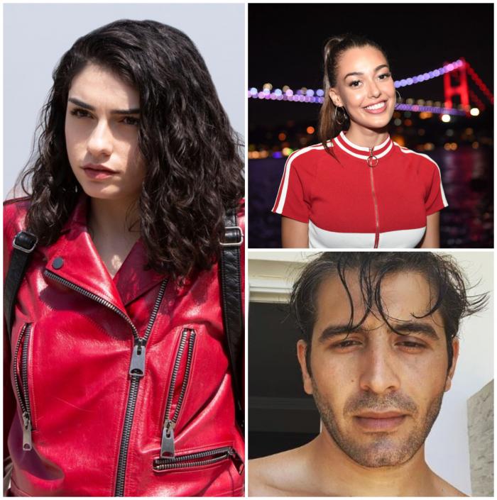 Hazar Ergüçlü poartă o geacă de piele roșie, Dilan Çiçek Deniz poartă o bluză de trening, iar Cihangir Ceyhan este la bustul gol