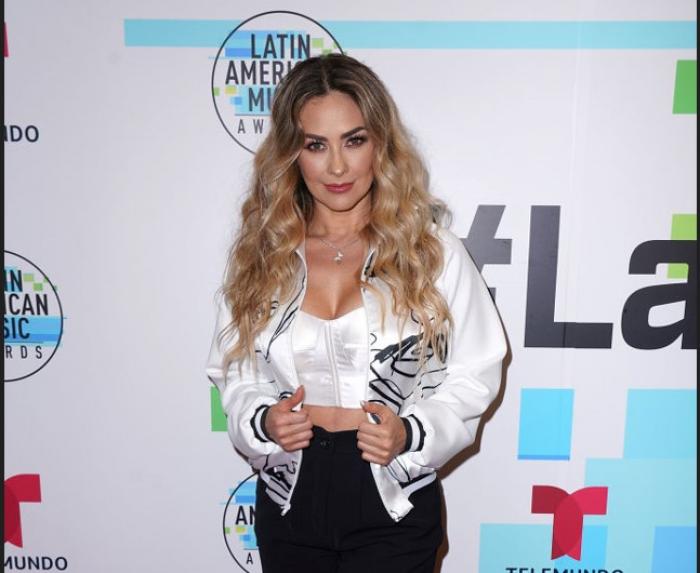 Aracely Arambula poartă pantaloni negri, un top scurt și o geacă sport