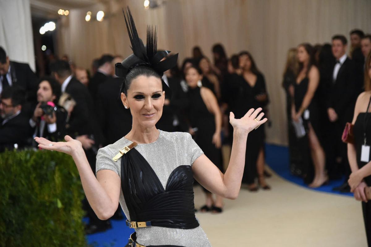 Celine Dion poartă o bluză gri cu un accesoriu negru