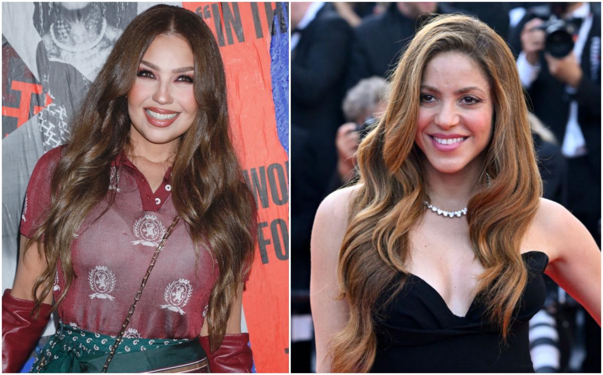 Thalia poartă o rochie transparentă, iar Shakira poartă o rochie neagră cu decolteu