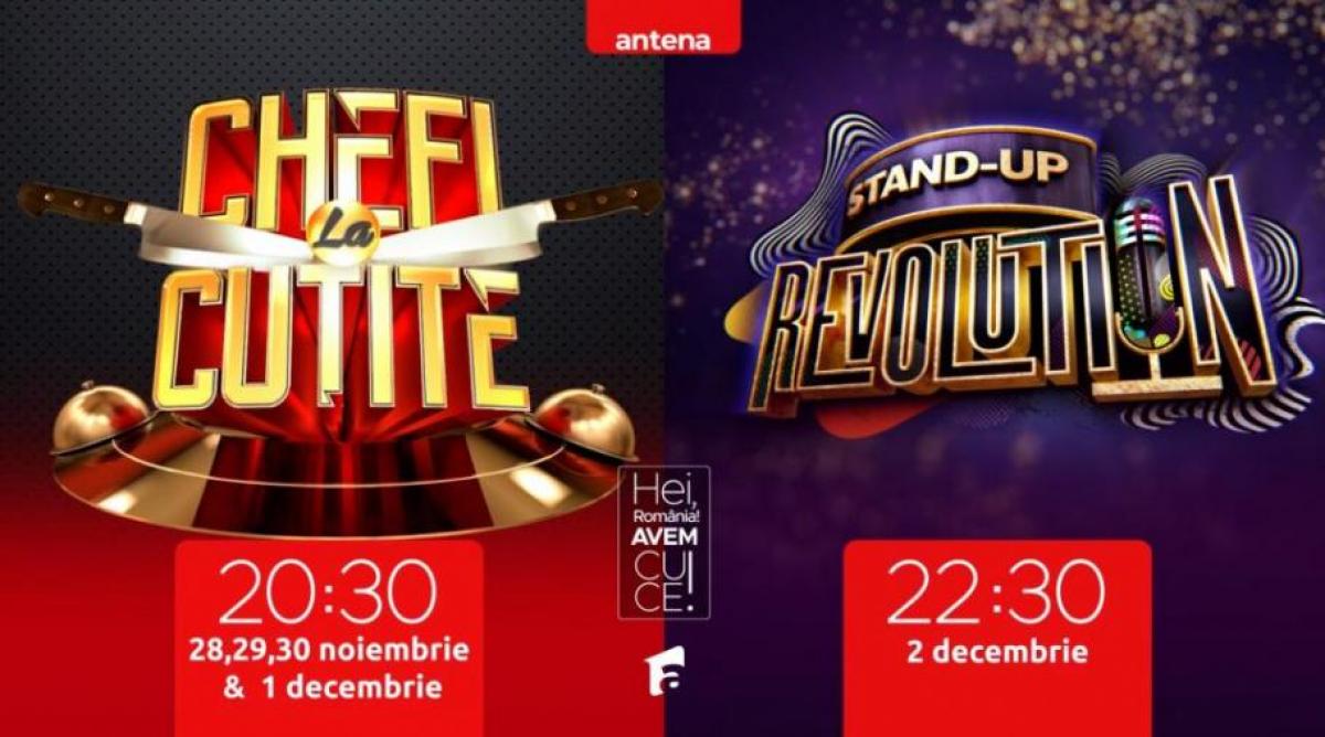 banner cu chefi la cuțite și stand-up revolution pe fundal mov
