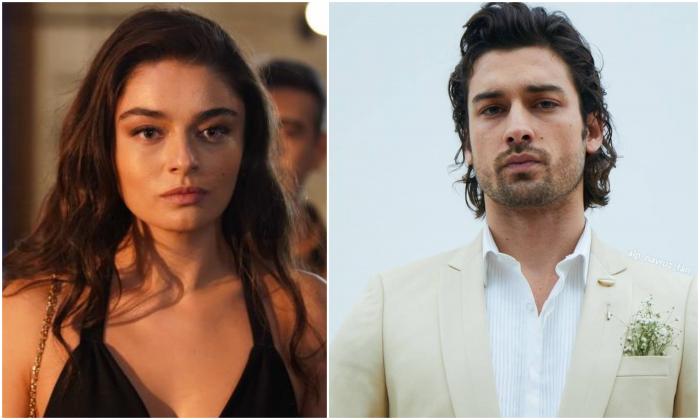 Alp Navruz,poartă un costum alb și Ayça Ayşin Turan poartă  o rochie fără mâneci și are părul desprins