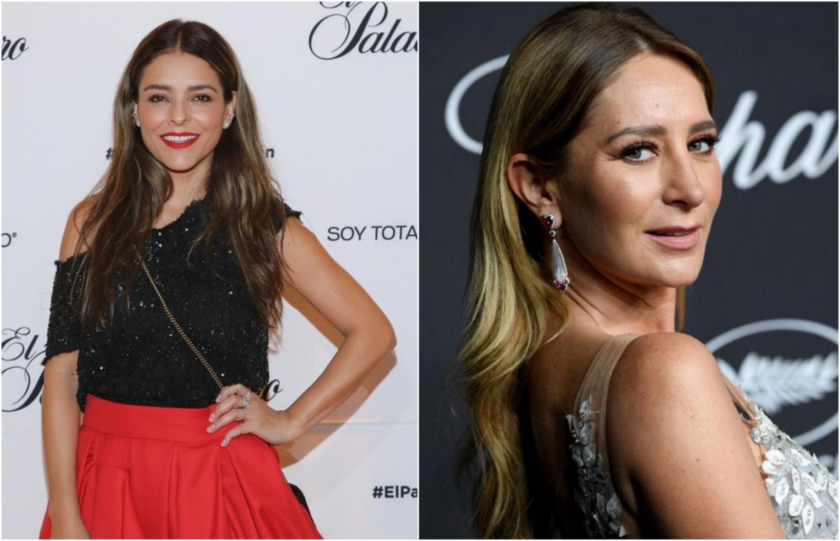 Grettell Valdez poartă o rochie roșie și o bluză neagră și își ține mâna stângă în șold. iar Geraldine Bazan poartă părul coafat pe spate