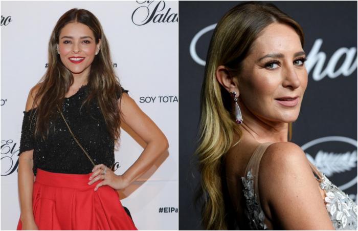 Grettell Valdez poartă o rochie roșie și o bluză neagră și își ține mâna stângă în șold. iar Geraldine Bazan poartă părul coafat pe spate