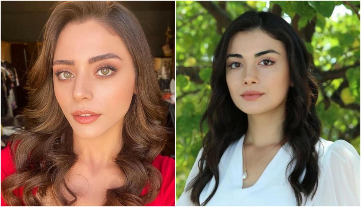 Sıla Türkoğlu poartă o bluză roșie și are părul desprins, iar Özge Yağız poartă o rochie albă și are părul lung și negru