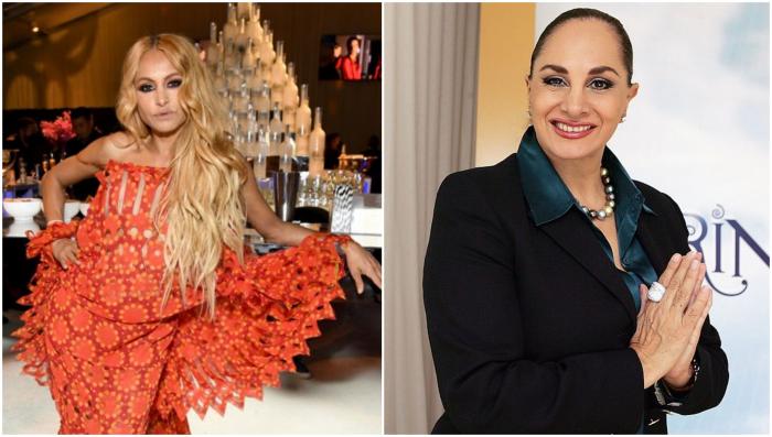 Paulina Rubio poartă o rochie lungă, portocalie și Susana Dosamantes poartă un costum negru și zâmbește