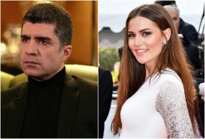 Özcan Deniz poartă un palton negru și Fahriye Evcen poartă o rochie albă cu mâneci lungi