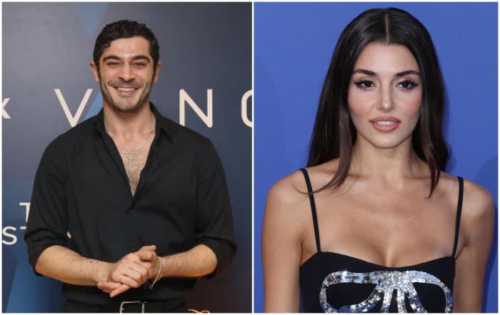 Burak Deniz poartă o cămașă neagră și Hande Erçel poartă o rochie neagră