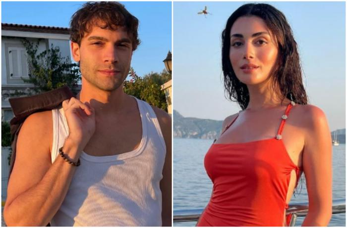 Burak Berkay Akgul poartă un maiou alb și Ozge Yagiz poartă o rochie roșie