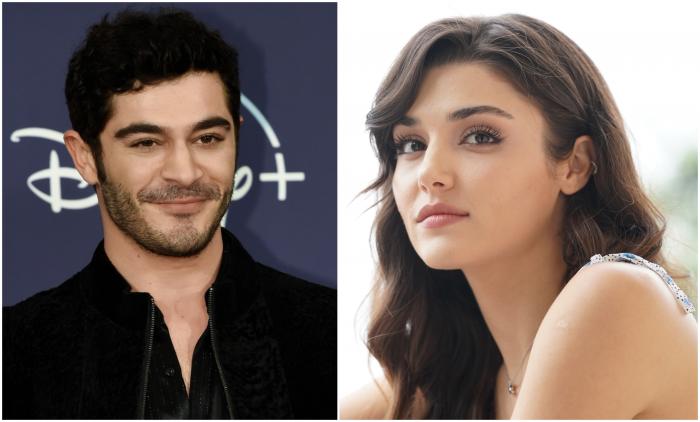 Burak Deniz poartă o cămașă neagră deschisă la gât si Hande Ercel poartă părul desprins