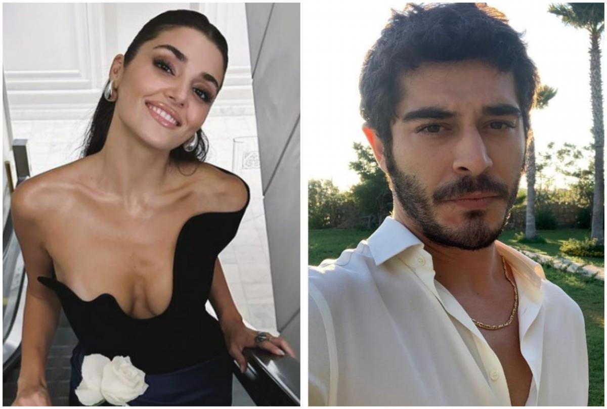 Hande Ercel poartă o rochie neagră fără mâneci și Burak Deniz poartă o cămașă albă