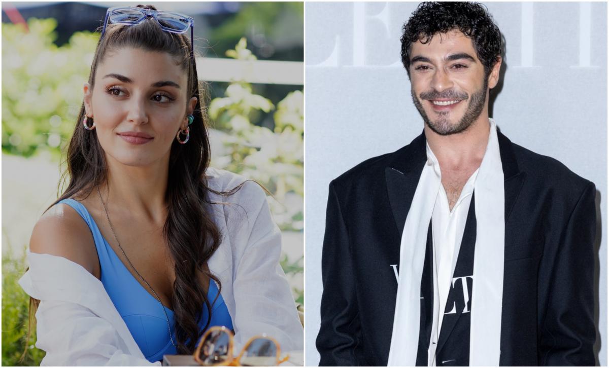Hande Ercel poartă o cămașă albastră și Burak Deniz o jachetă neagră
